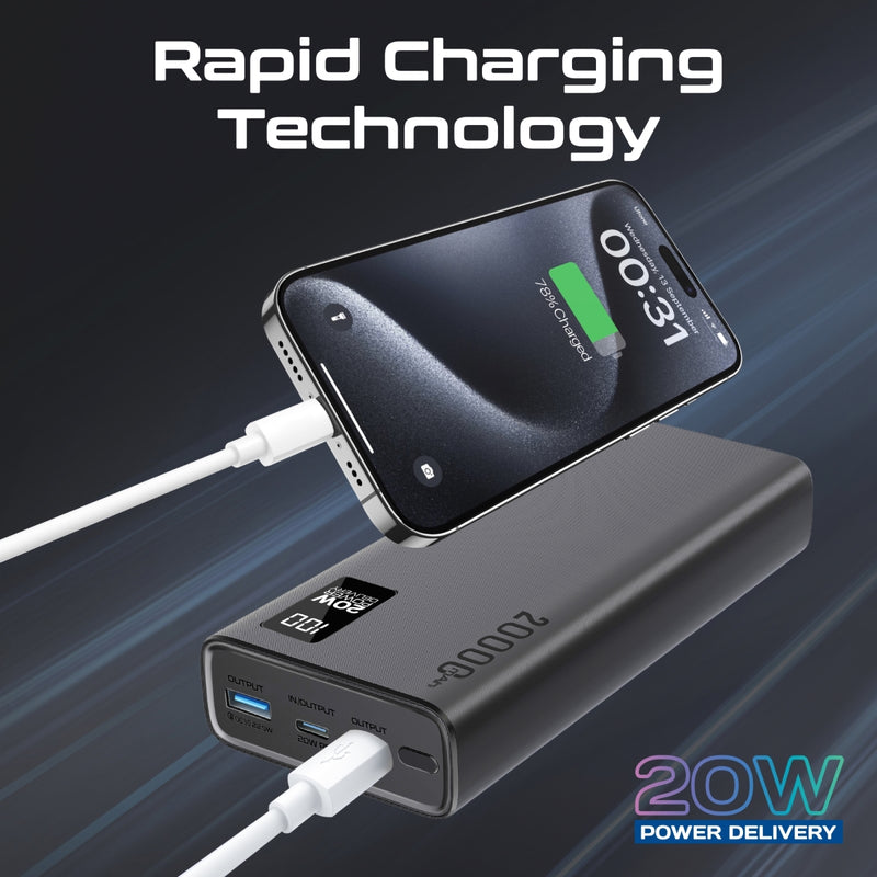 Promate Technologies - Compact Smart Charging Power Bank with 20W PD Dual USB-C and 22.5W USB-A Ports