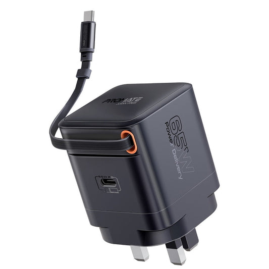 Promate Technologies -  65W PD GanFast™ Charging Adapter with Retractable USB-C Cable