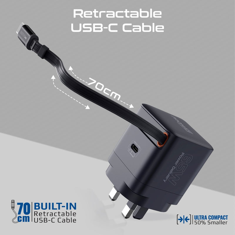Promate Technologies -  65W PD GanFast™ Charging Adapter with Retractable USB-C Cable