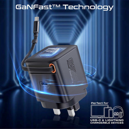 Promate Technologies -  65W PD GanFast™ Charging Adapter with Retractable USB-C Cable