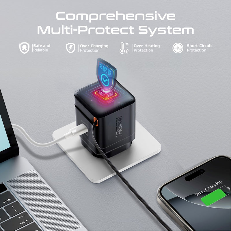 Promate Technologies -  65W PD GanFast™ Charging Adapter with Retractable USB-C Cable