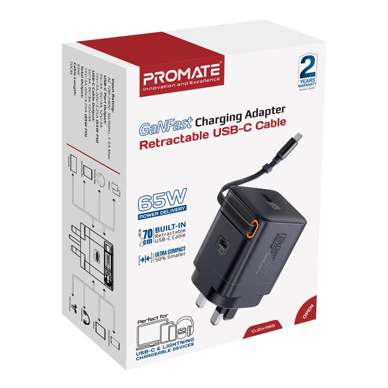 Promate Technologies -  65W PD GanFast™ Charging Adapter with Retractable USB-C Cable