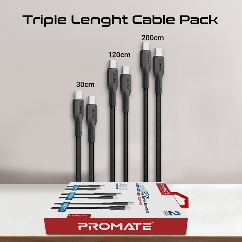 Promate Technologies - 3Pcs High Tensile Strength Data & Charge USB-C Cable kit