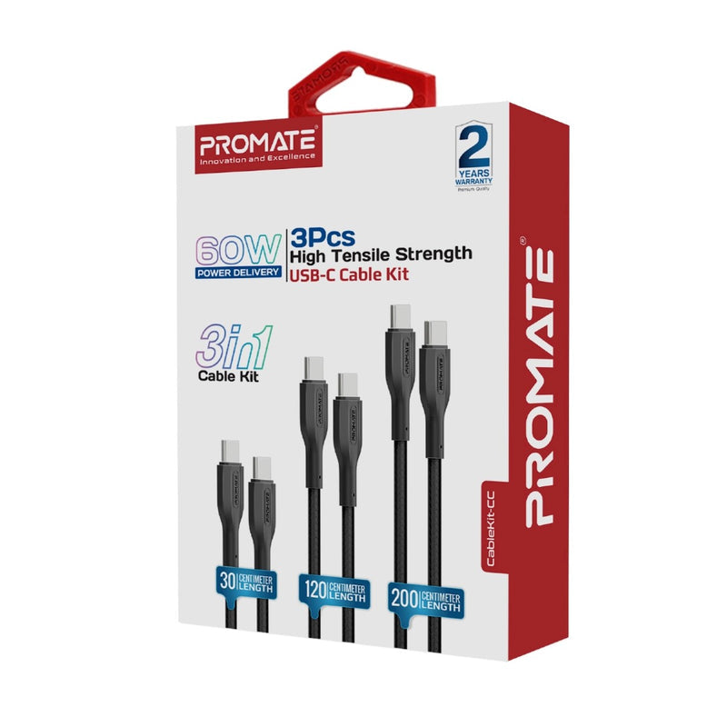 Promate Technologies - 3Pcs High Tensile Strength Data & Charge USB-C Cable kit