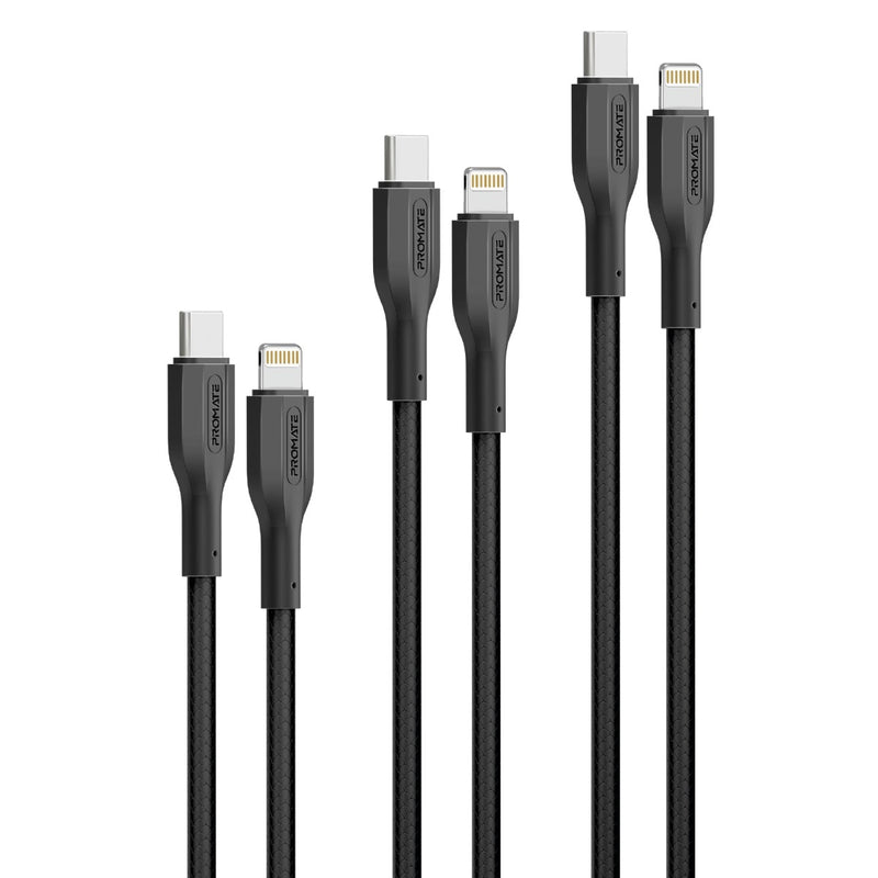Promate Technologies - 3Pcs High Tensile Strength 27W USB-C to Lightning Cable Kit