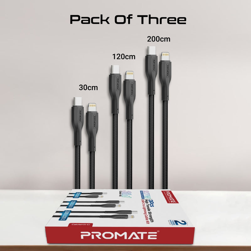 Promate Technologies - 3Pcs High Tensile Strength 27W USB-C to Lightning Cable Kit