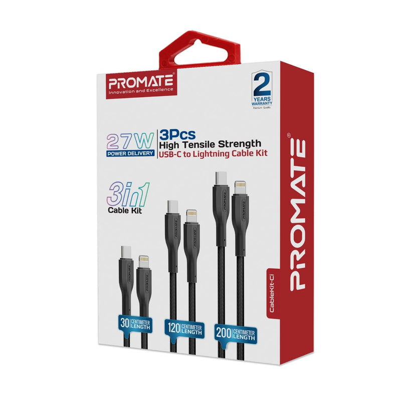 Promate Technologies - 3Pcs High Tensile Strength 27W USB-C to Lightning Cable Kit