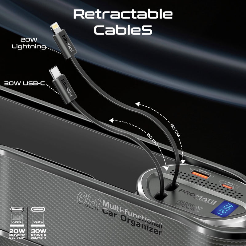 Promate Technologies - 65W Multi-Functional Car Organizer and Charging Station with USB-C & L