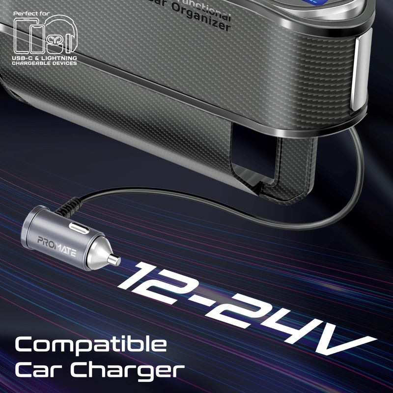 Promate Technologies - 65W Multi-Functional Car Organizer and Charging Station with USB-C & L