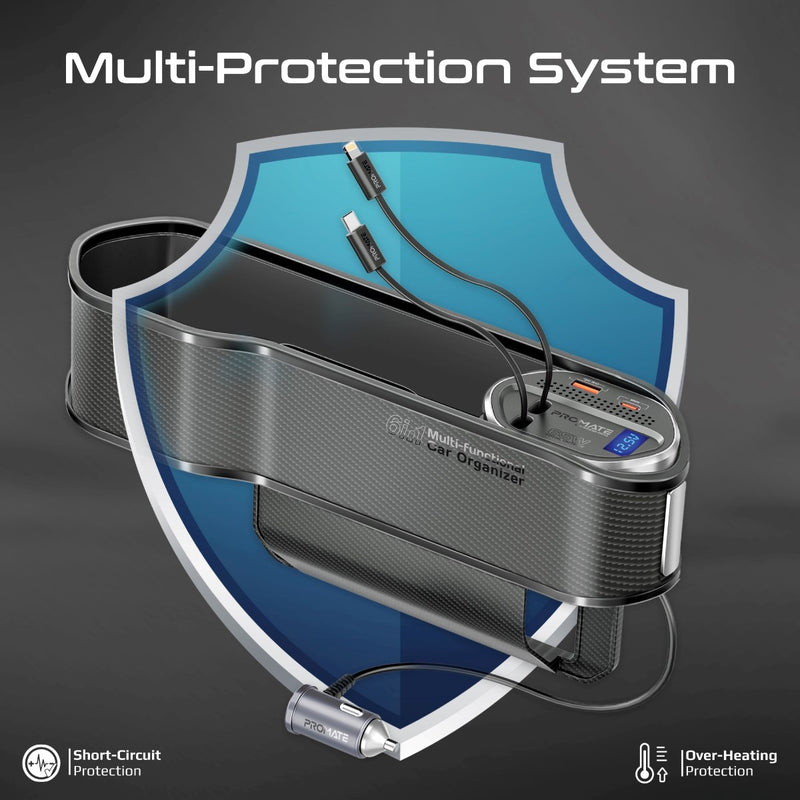 Promate Technologies - 65W Multi-Functional Car Organizer and Charging Station with USB-C & L
