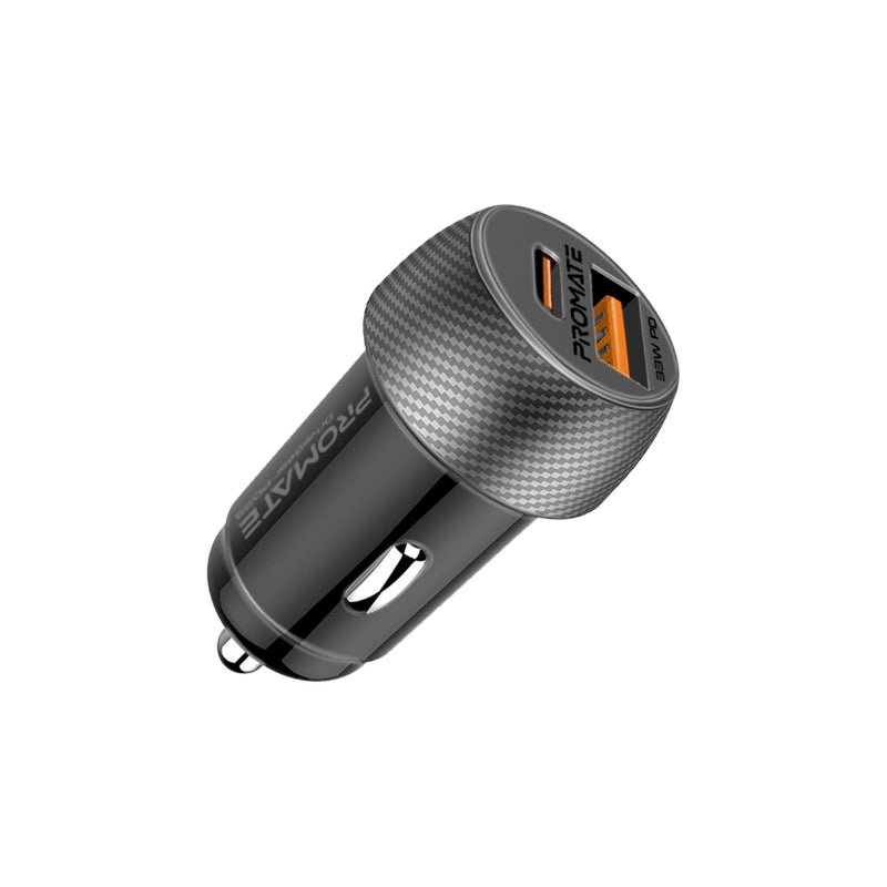 Promate Technologies - Ultra-Fast Dual Port Car Charger with 33W Power Delivery and QC 3.0