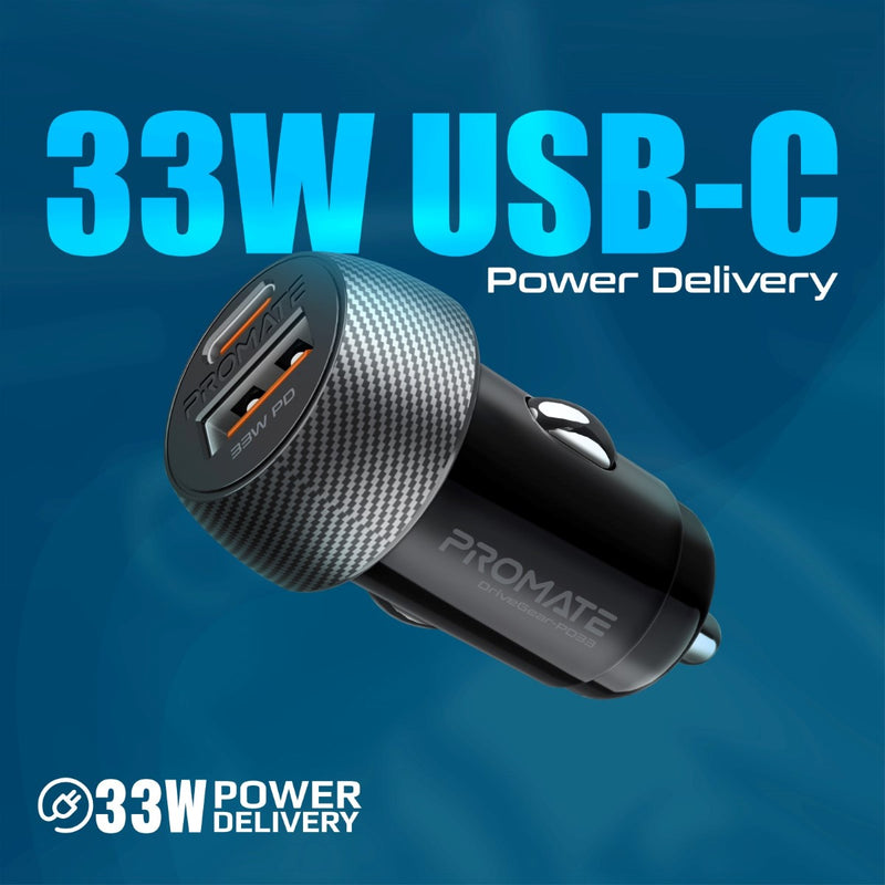 Promate Technologies - Ultra-Fast Dual Port Car Charger with 33W Power Delivery and QC 3.0