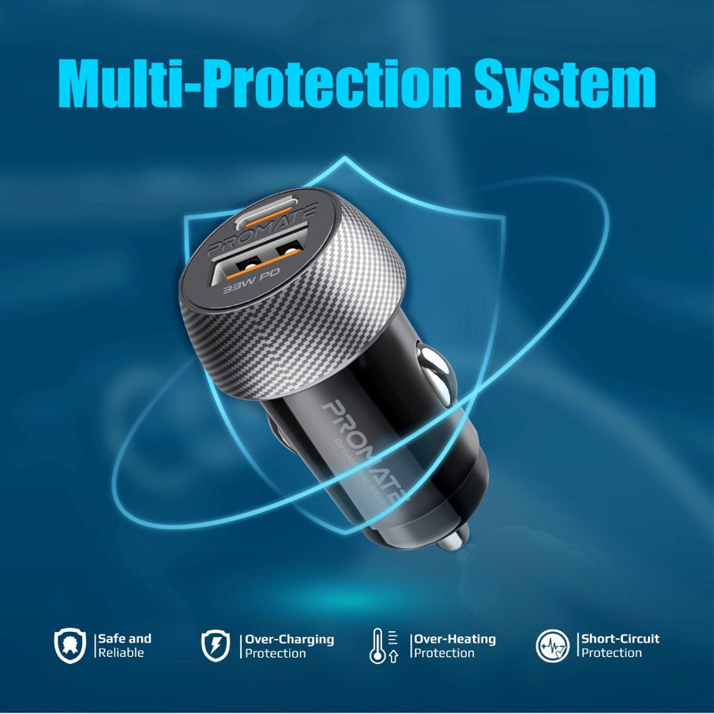 Promate Technologies - Ultra-Fast Dual Port Car Charger with 33W Power Delivery and QC 3.0