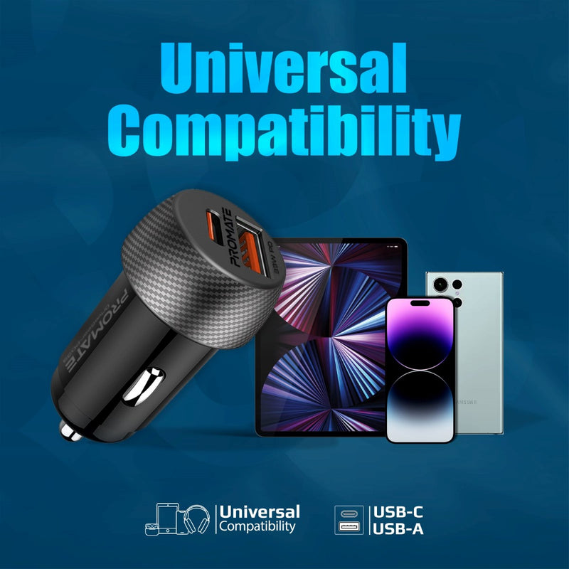 Promate Technologies - Ultra-Fast Dual Port Car Charger with 33W Power Delivery and QC 3.0