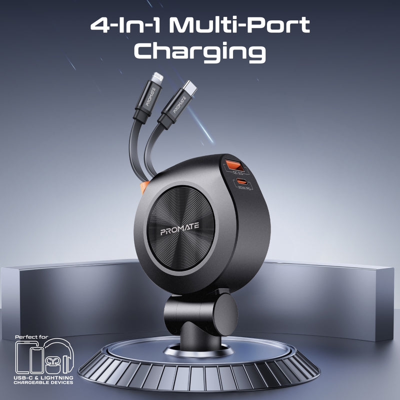 Promate Technologies - 88W Multi-Port Car Charger with Dual Retractable USB-C Cables