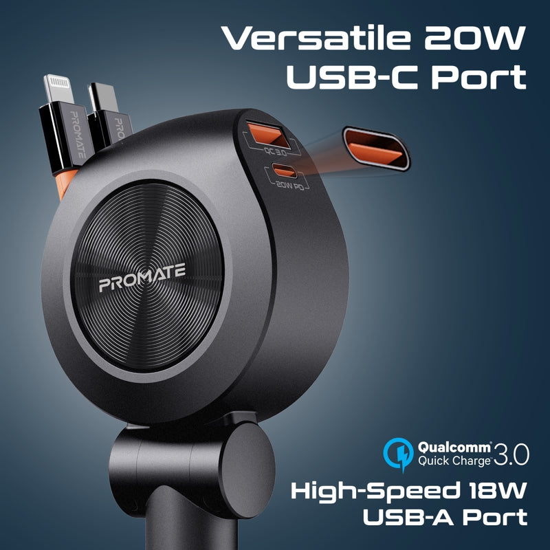 Promate Technologies - 88W Multi-Port Car Charger with Dual Retractable USB-C Cables