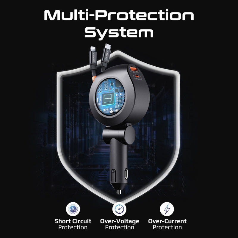 Promate Technologies - 88W Multi-Port Car Charger with Dual Retractable USB-C Cables