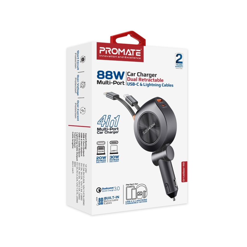 Promate Technologies - 88W Multi-Port Car Charger with Dual Retractable USB-C Cables