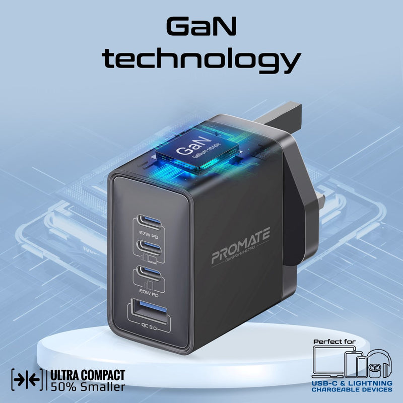 Promate Technologies -  67W Power Delivery GaNFast™ Charger with Quick Charge 3.0