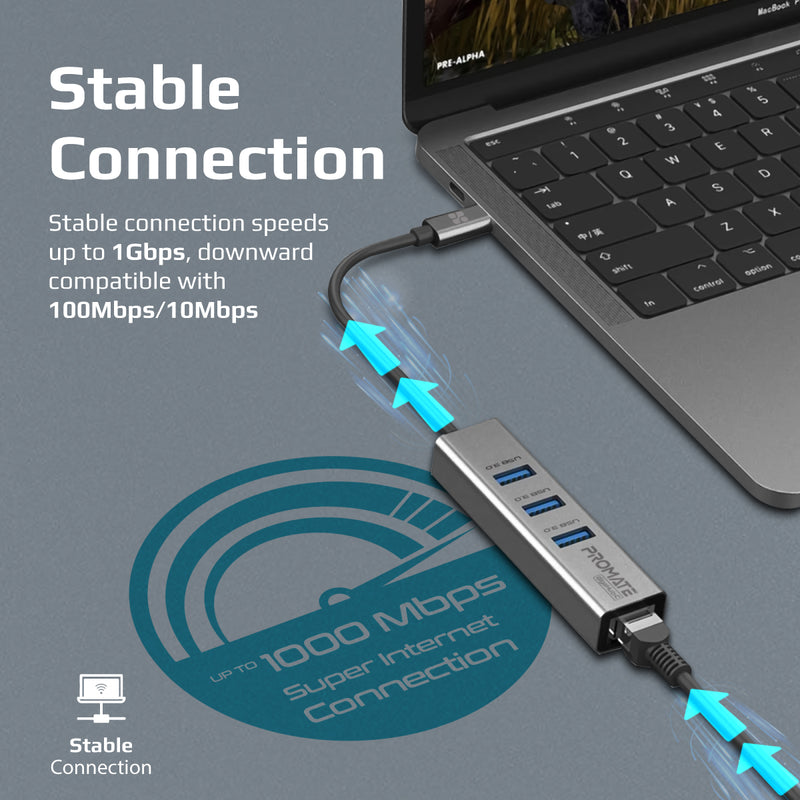 Promate Technologies - Multi-Port USB-C Hub with Ethernet Adapter (USB 3.0 Ports, 5Gbps Sync, 1000Mbps Ethernet as icons)