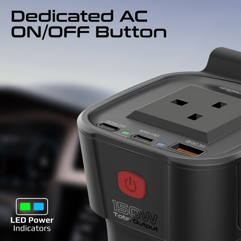 Promate Technologies - Multi-Port DC to AC Power Inverter with 150W AC Socket