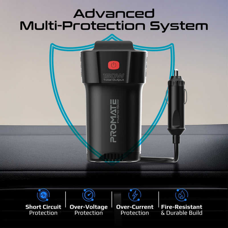 Promate Technologies - Multi-Port DC to AC Power Inverter with 150W AC Socket