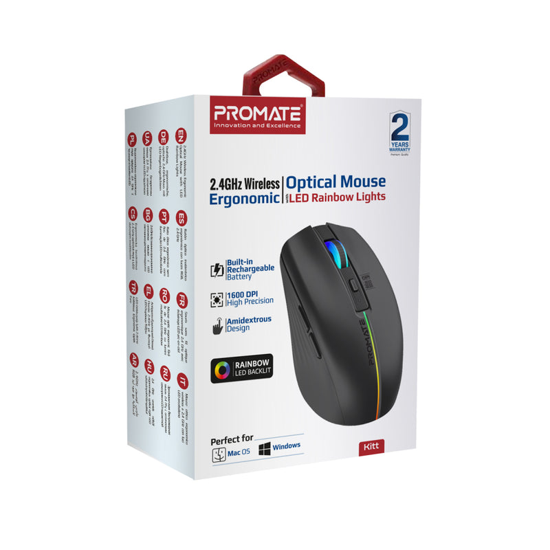 Promate Technologies - 2.4GHz Wireless Ergonomic Optical Mouse with LED Rainbow Lights