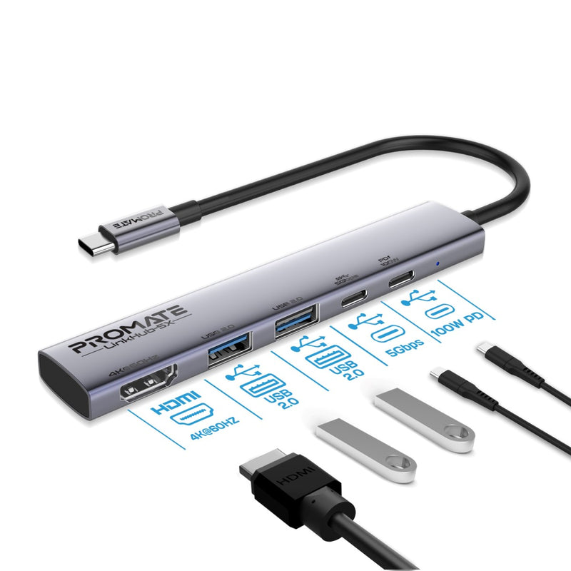 Promate Technologies - 4K@60Hz Multi-function High-Speed USB-C Hub with 100W Power Delivery