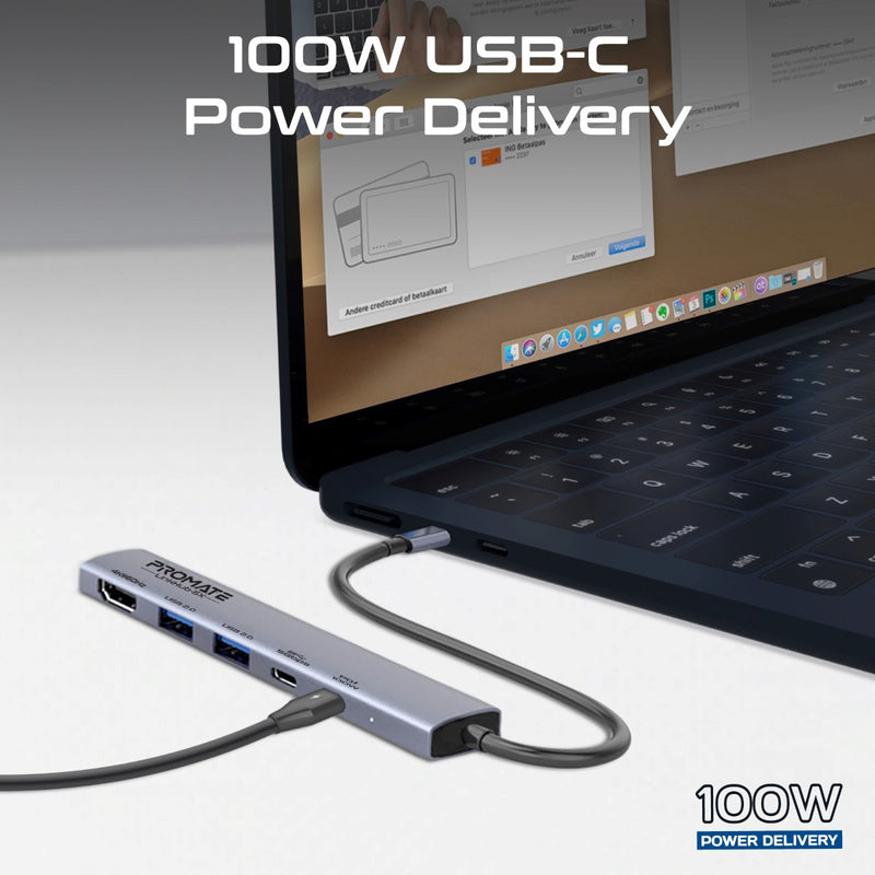 Promate Technologies - 4K@60Hz Multi-function High-Speed USB-C Hub with 100W Power Delivery