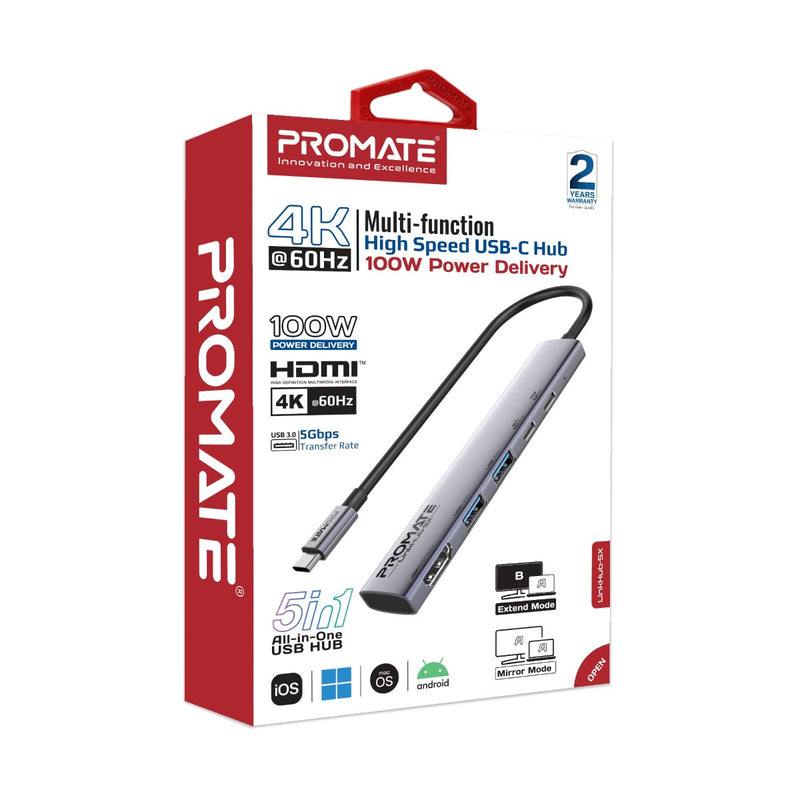 Promate Technologies - 4K@60Hz Multi-function High-Speed USB-C Hub with 100W Power Delivery