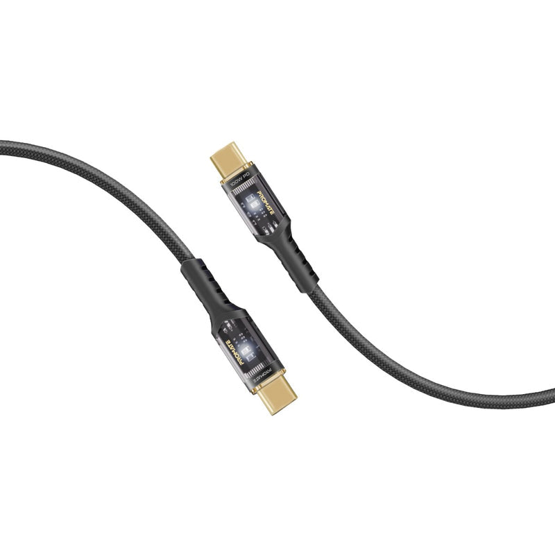Promate Technologies - High Tensile Transparent 100W Power Delivery USB-C Cable with LED Light