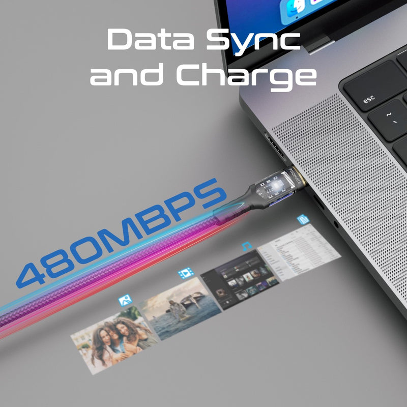 Promate Technologies - High Tensile Transparent 100W Power Delivery USB-C Cable with LED Light