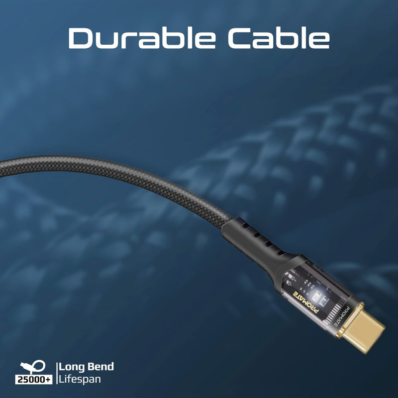 Promate Technologies - High Tensile Transparent 100W Power Delivery USB-C Cable with LED Light
