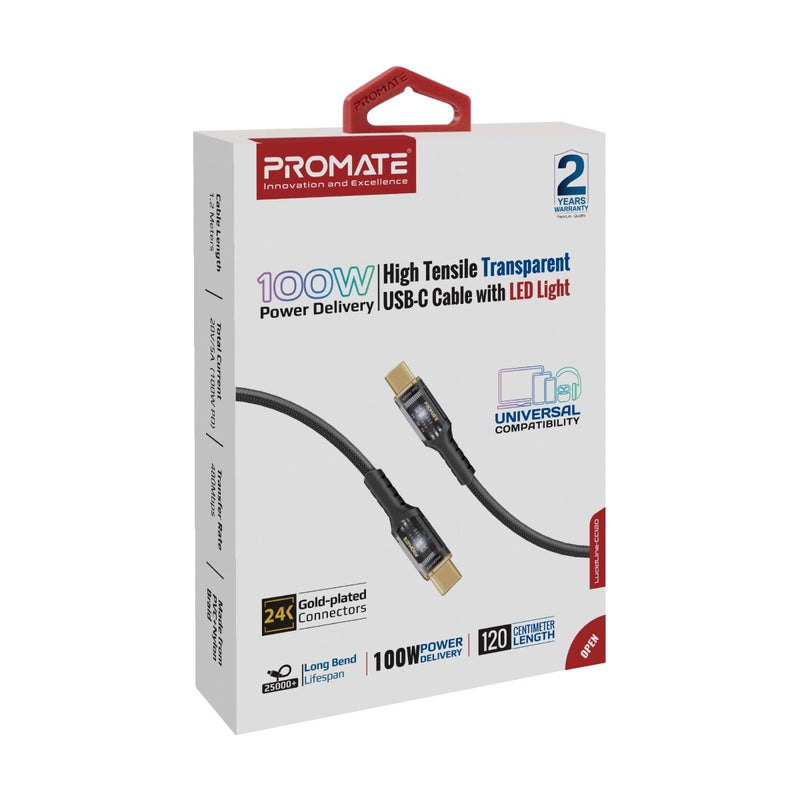 Promate Technologies - High Tensile Transparent 100W Power Delivery USB-C Cable with LED Light