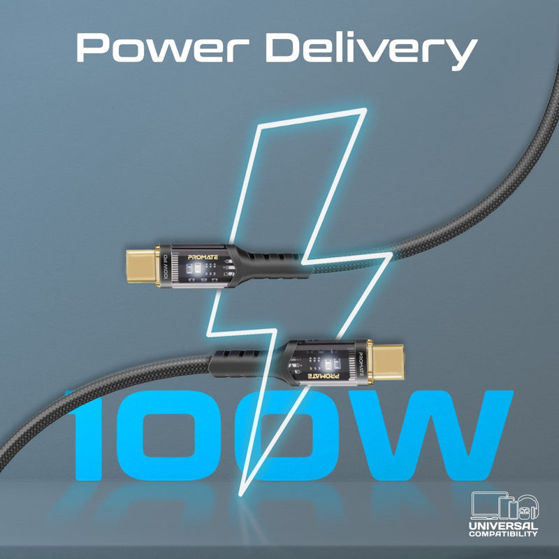 Promate Technologies - High Tensile Transparent 100W Power Delivery USB-C Cable with LED Light