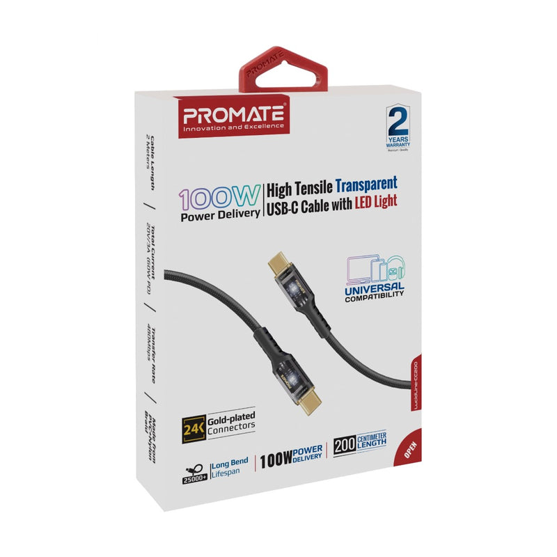 Promate Technologies - High Tensile Transparent 100W Power Delivery USB-C Cable with LED Light