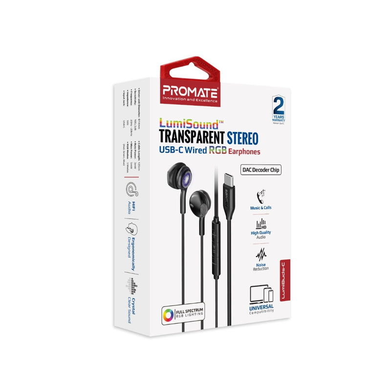 Promate Technologies - LumiSound™ Transparent Stereo USB-C Wired RGB Earphones