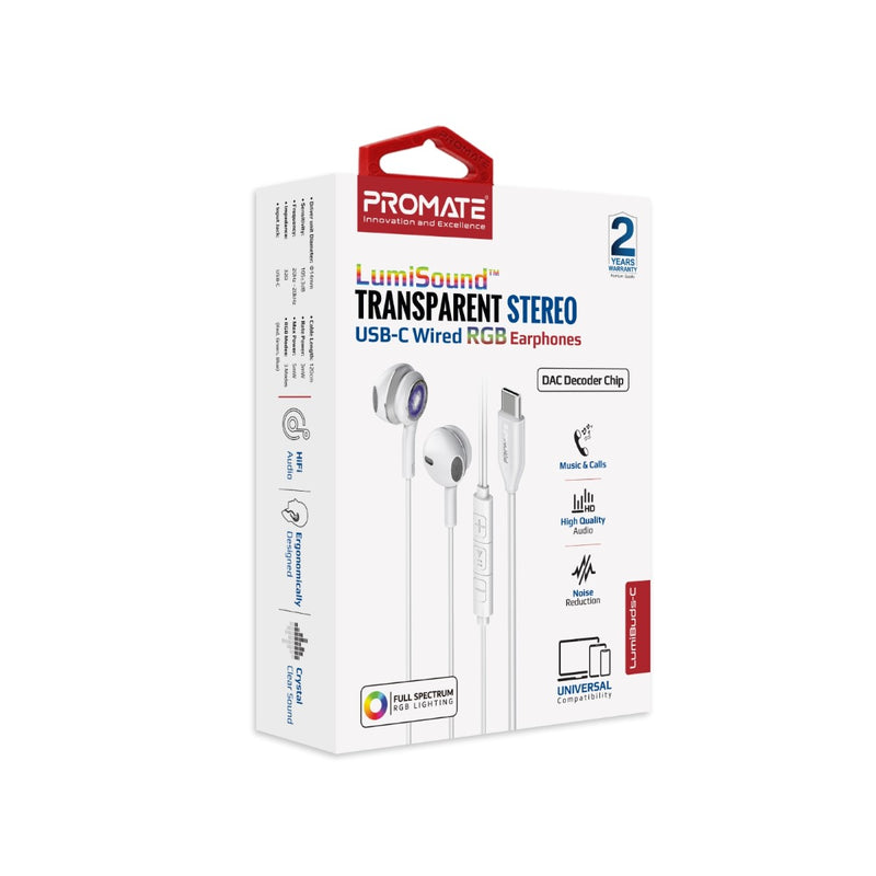Promate Technologies - LumiSound™ Transparent Stereo USB-C Wired RGB Earphones