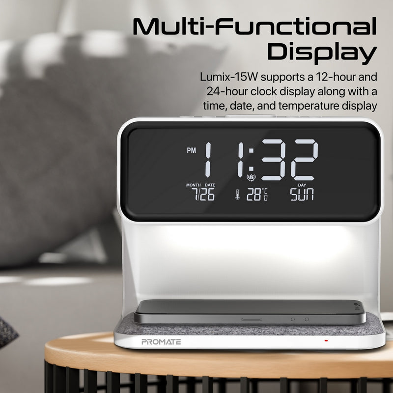 Promate Technologies - Multi-Function LED Alarm Clock with 15W Wireless Charger