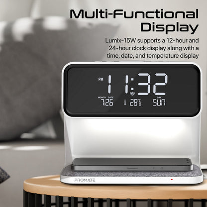 Promate Technologies - Multi-Function LED Alarm Clock with 15W Wireless Charger