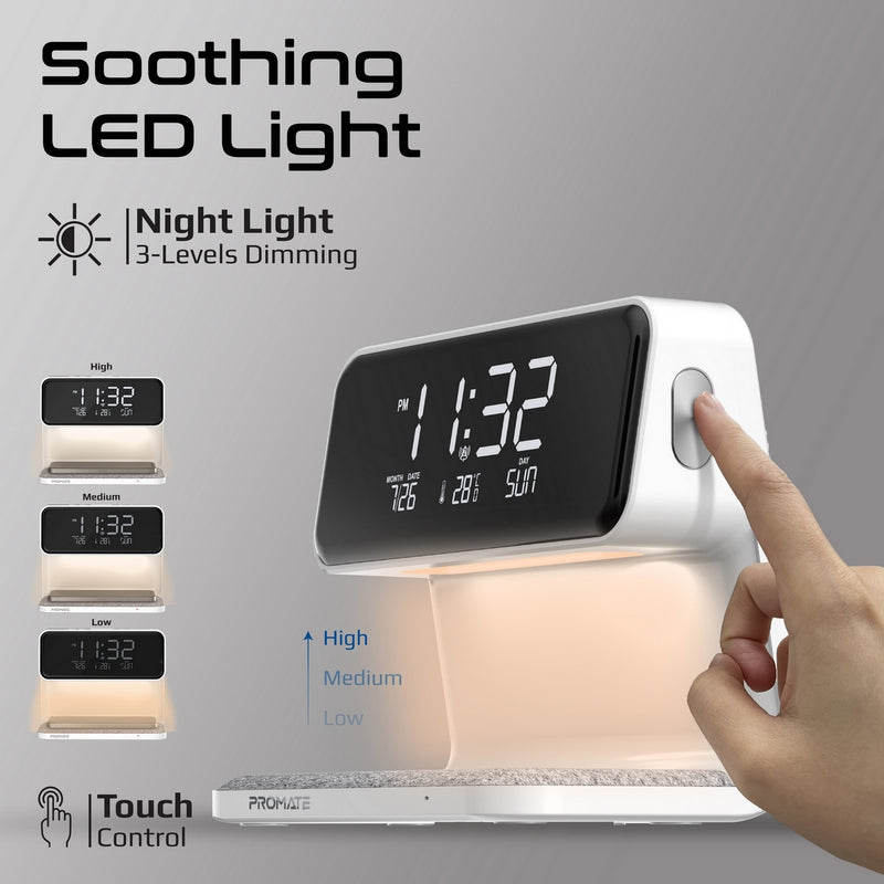 Promate Technologies - Multi-Function LED Alarm Clock with 15W Wireless Charger