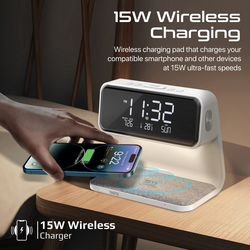 Promate Technologies - Multi-Function LED Alarm Clock with 15W Wireless Charger