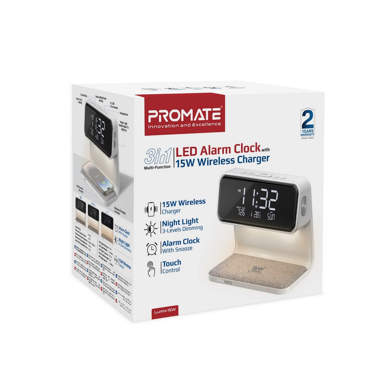 Promate Technologies - Multi-Function LED Alarm Clock with 15W Wireless Charger