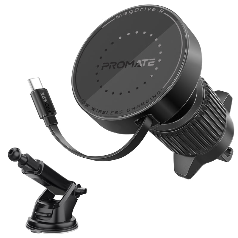 Promate Technologies - 15W MagSafe Compatible Car Wireless Charger with Retractable Cable