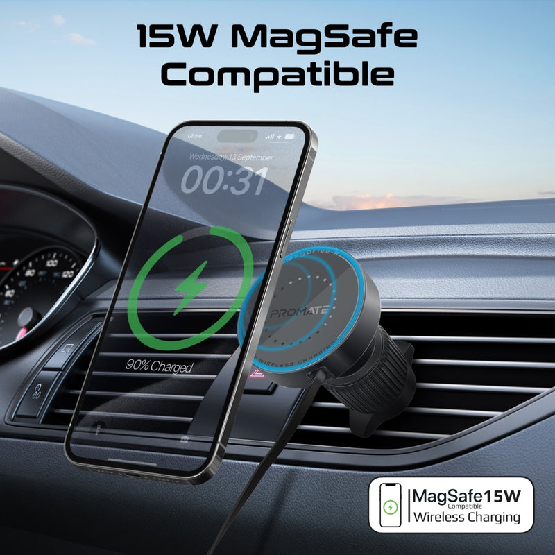 Promate Technologies - 15W MagSafe Compatible Car Wireless Charger with Retractable Cable