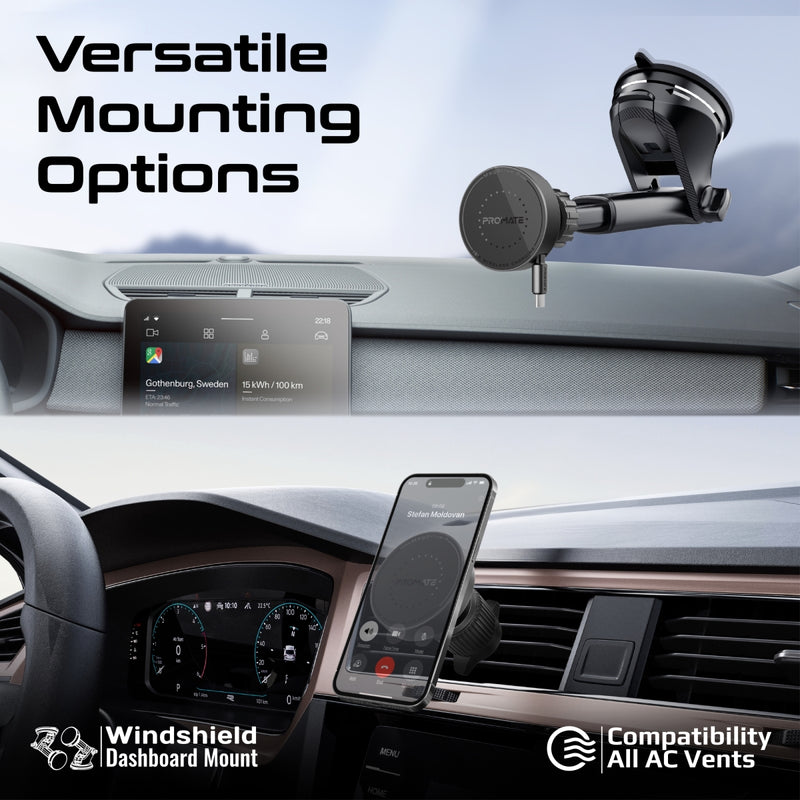 Promate Technologies - 15W MagSafe Compatible Car Wireless Charger with Retractable Cable