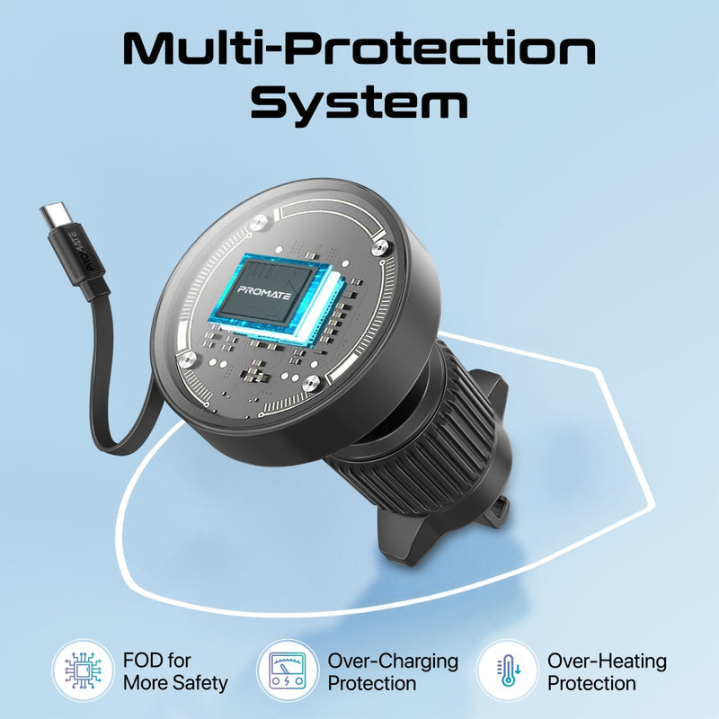 Promate Technologies - 15W MagSafe Compatible Car Wireless Charger with Retractable Cable