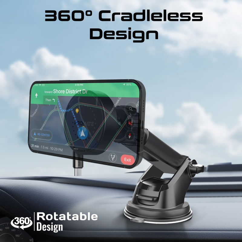Promate Technologies - 15W MagSafe Compatible Car Wireless Charger with Retractable Cable