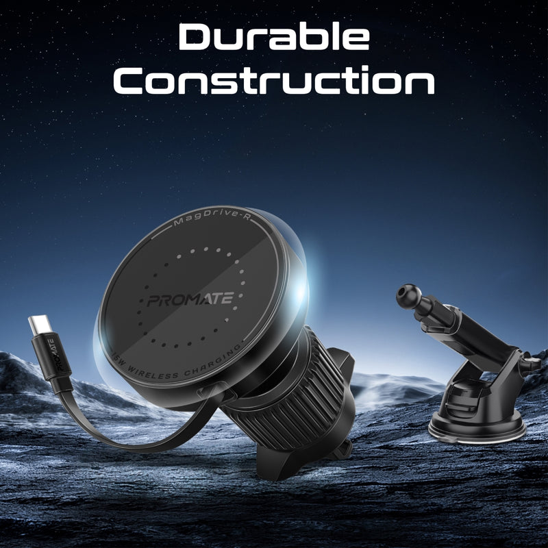 Promate Technologies - 15W MagSafe Compatible Car Wireless Charger with Retractable Cable