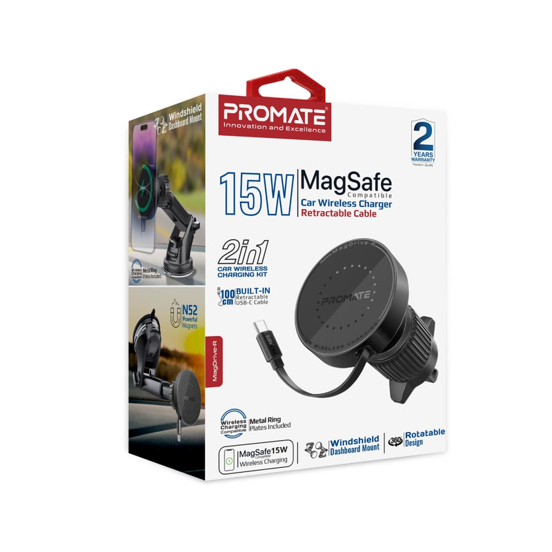 Promate Technologies - 15W MagSafe Compatible Car Wireless Charger with Retractable Cable